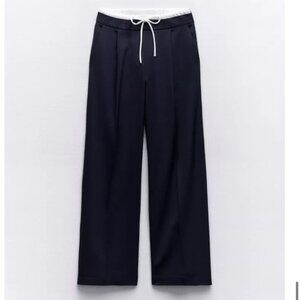 Zara Double Waistband Wide Leg Trousers Navy Small